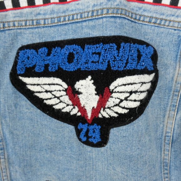 Vintage Jean Jacket Womens Medium Blue Denim Patches Racing Moto 90s - Picture 7 of 13